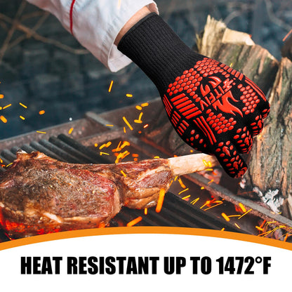 FITFIV BBQ Gloves, Oven Gloves, 1472°F Extreme Heat Resistant Barbecue Gloves, Silicone Non-Slip Oven Mitts, Kitchen for Cooking, Grilling, and Baking (Red)
