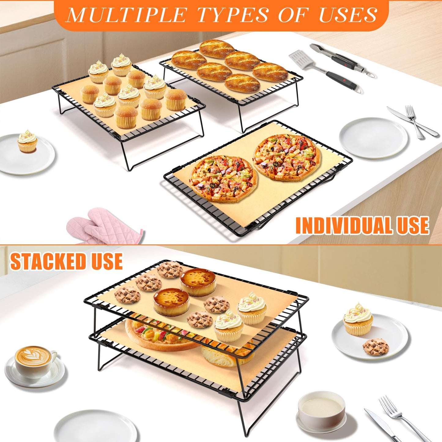 ZHIWUJIA 2-Tier Stackable Cooling Rack with Legs, 13"x 9" Nonstick Collapsible Wire Rack with 50 Pcs Parchment Paper for Baking Cookies, Cakes, Bread, Pizza