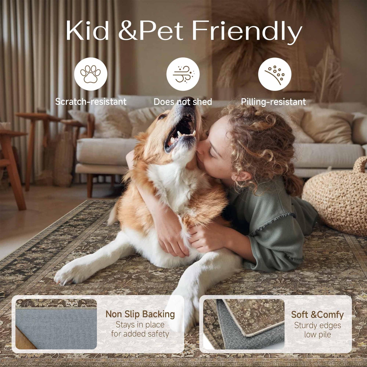 HUGEAR 2x8 Runner Rug Machine Washable Brown Hallway Area Rug Indoor Accent Rugs Floral Low Pile Carpet Soft Throw Rugs Bedroom Living Room Office Dining Kitchen Laundry Non Slip