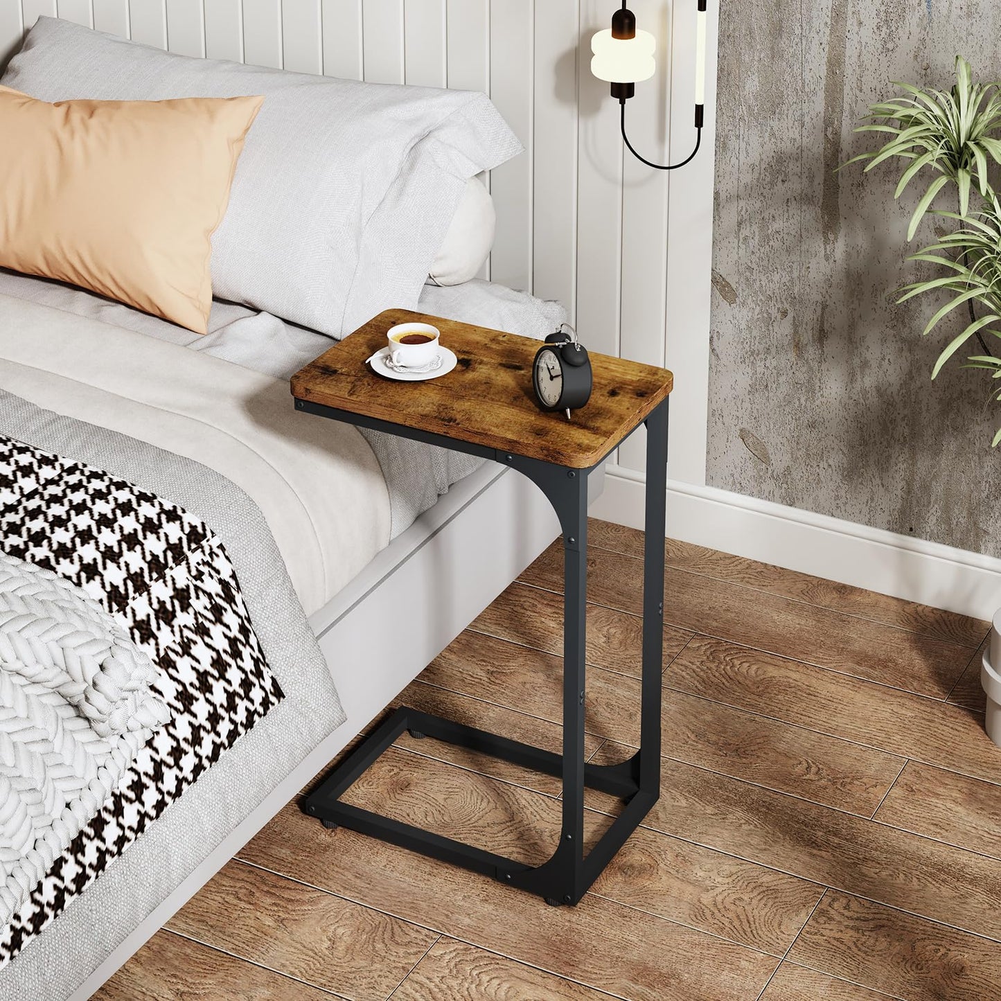 QEEIG Narrow C Shaped Side Table Set of 2 Living Room Sets Slim Couch Tray Tables Skinny Thin Small Farmhouse 9.5 inch Width, Rustic Brown (017-24BN)