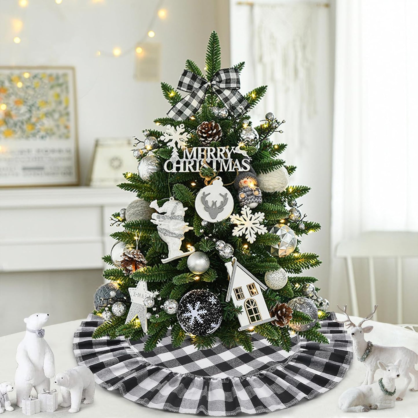 Yuboo Buffalo Plaid Tree Skirt, Black and White Check Mini 24 Inch for Tabletop Holiday Decor