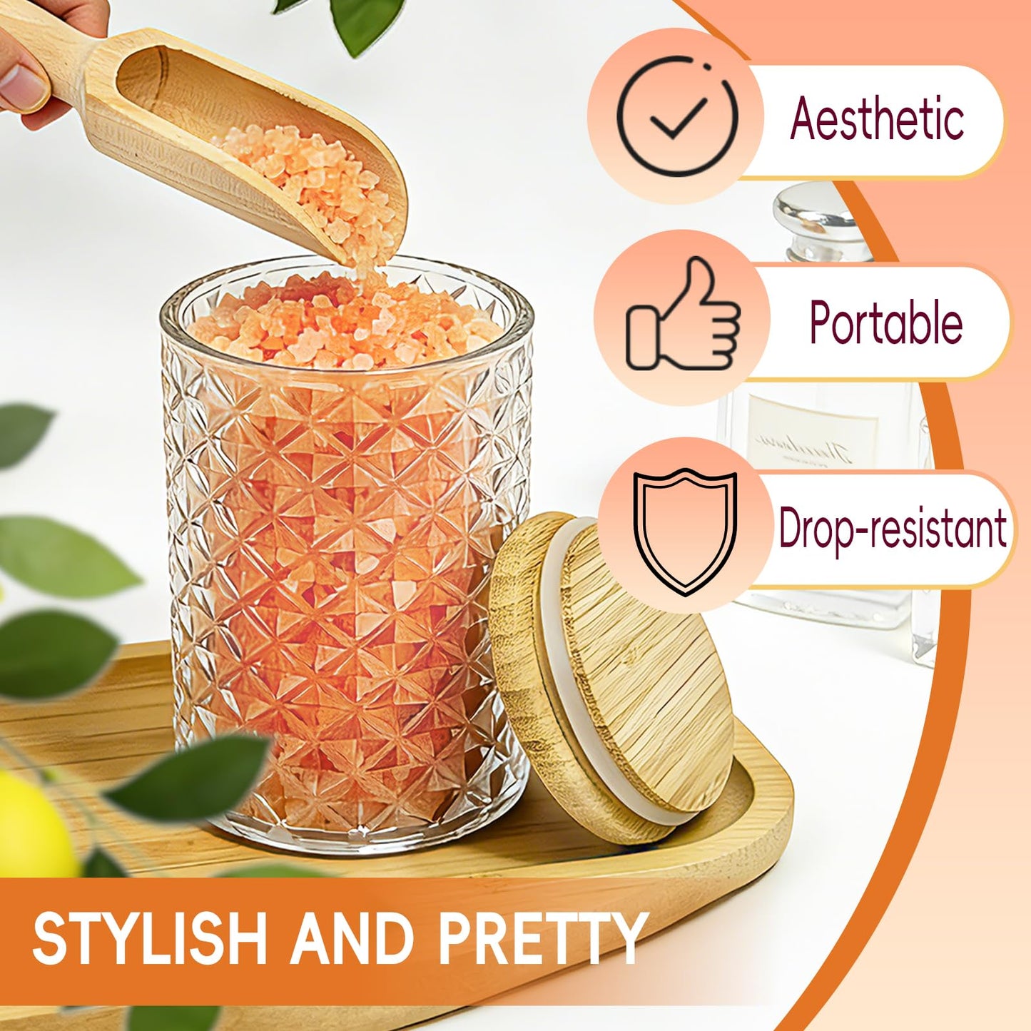 Pesilo 1200ML/42OZ Acrylic Bath Salt Jar, Clear Bath Salt Container with Wooden Scoop and Lid, Large Airtight Storage Canister for Bathroom Kitchen Tea Candy Spice, Bathtub Accessories for Women