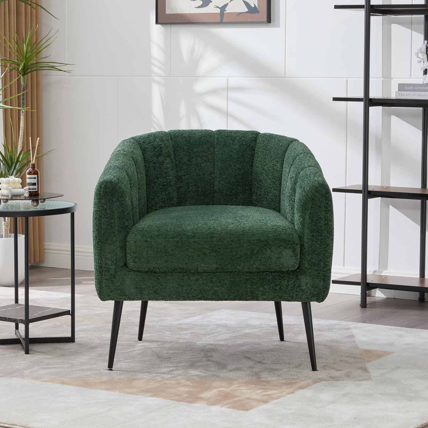Noble House Home Furnishings Hucdt 29.9'' Boucle Barrel Club Chair, Upholstered Accent Chair, Channel Tufted Armchair, Extra Seating Lounge with Metal Legs, Single Sofa for Living Room Home, Green