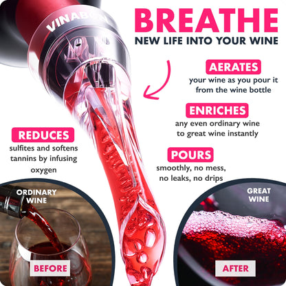 VINABON Wine Aerator Pourer Spout – Updated 2026 Professional Wine Aerator for Superior Flavor, Enhanced Bouquet & Rich, Smooth Finish. No-Leak, No-Drip, Spill-Free Design. Includes Wine Guide eBook
