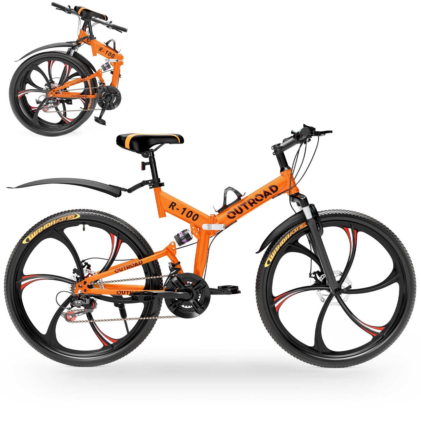 Outroad 26 Inch Folding Mountain Bike, 21 Speed Full Suspension High-Carbon Steel MTB Foldable Bikes, Dual Disc Brake Non-Slip Folding Bicycle for Adults/Men/Women, 26 inch-Orange