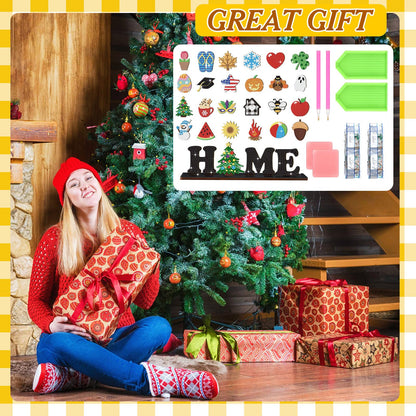 Briwooody Interchangeable Home Table Signs with 20 Pcs Seasonal Icons Diamond Painting Interchangeable Home Letter Sign Table Centerpiece for All Seasons Detachable Home Decorative for Office