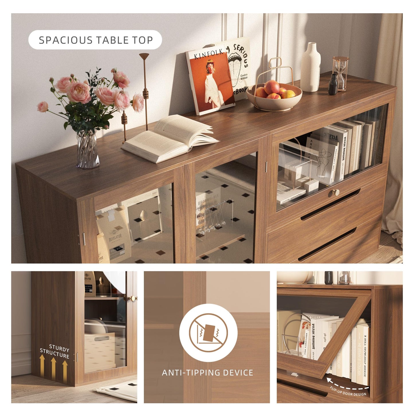 Easyego 63‘’Storage Cabinet,Sideboard Buffet Cabinet with Glass Doors and Drawers,Modern Wood Coffee Bar for Kitchen, Living Room,Dining Room，Entryway-Walnut