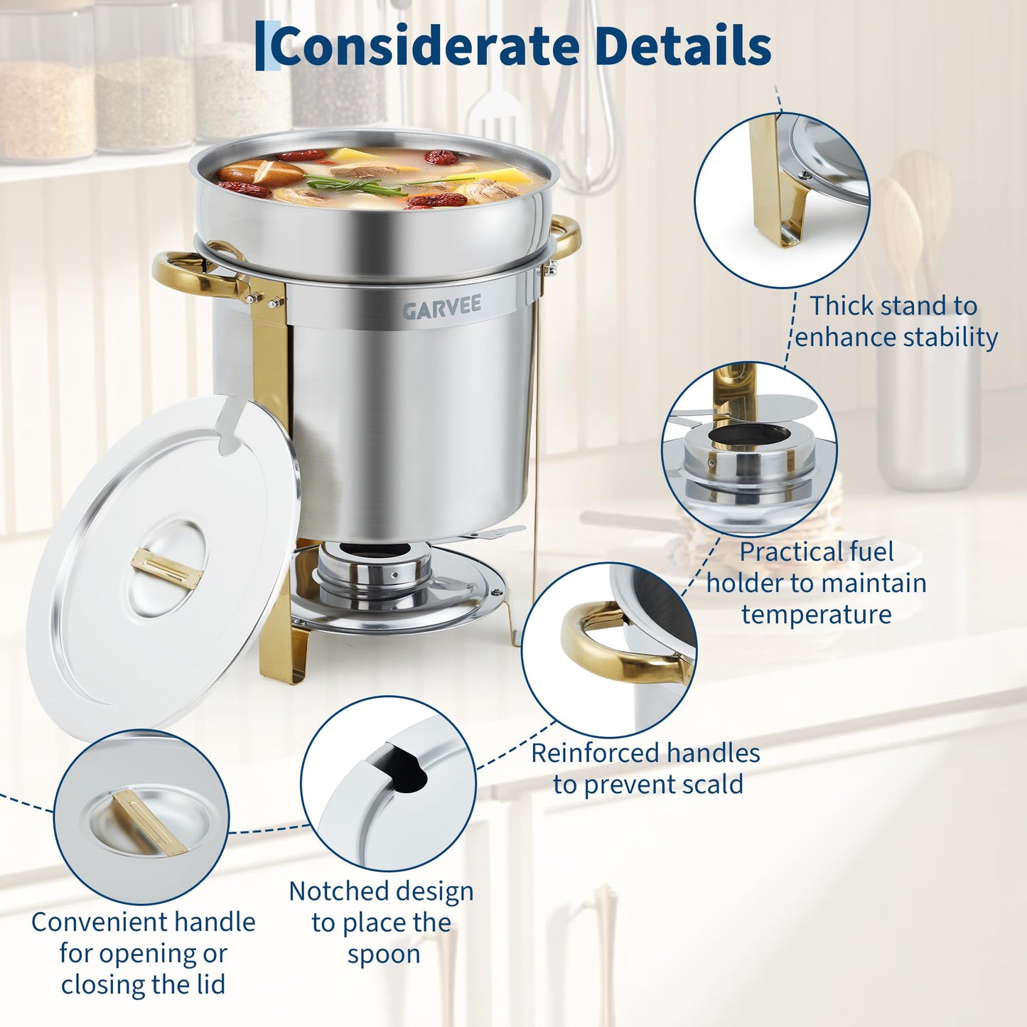 GarveeHome 11QT Round Soup Chafer Sets of 4, Commercial Soup Warmer with Pot, Notched Lids & Fuel Holders, Stainless Steel Food Warmer for Buffets Parties Wedding Banquets Catering, Gold