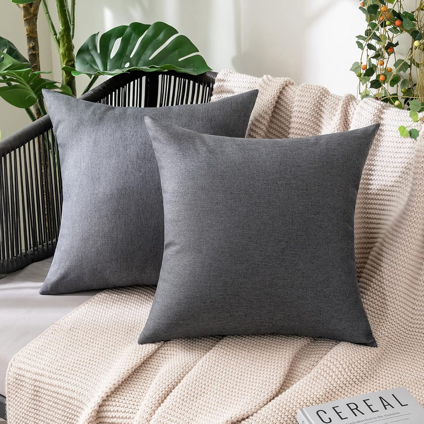 MIULEE Decorative Outdoor Throw Pillow Covers - Waterproof Faux Linen Cushion Cases | 24x24 Inch Dark Grey (Pack of 2)