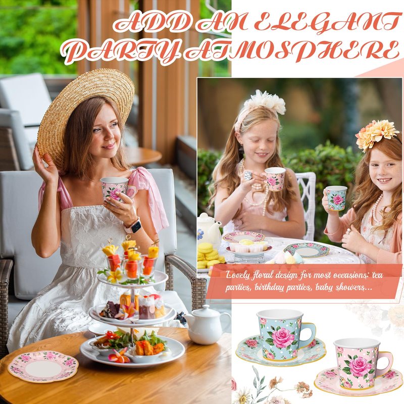 Umigy 60 Sets Mother's Day Tea Party Decorations 9 oz Floral Paper Teacups & Saucer Set for Girls Women Tea Parties Mothers Day Bridal Shower Wedding Birthday Party Decorations(Pink, Blue)
