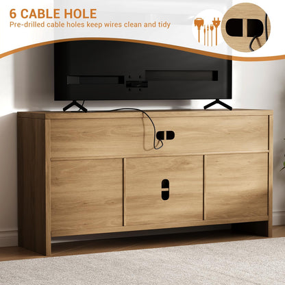 Boho TV Stand for TV up to 65 Inch,58"Modern Rattan Entertainment Center with Storage and Adjustable Shelves,Wooden Media TV Console Cabinet with Doors for Living Room/Bedroom/Apartment/Farmhouse(Oak)