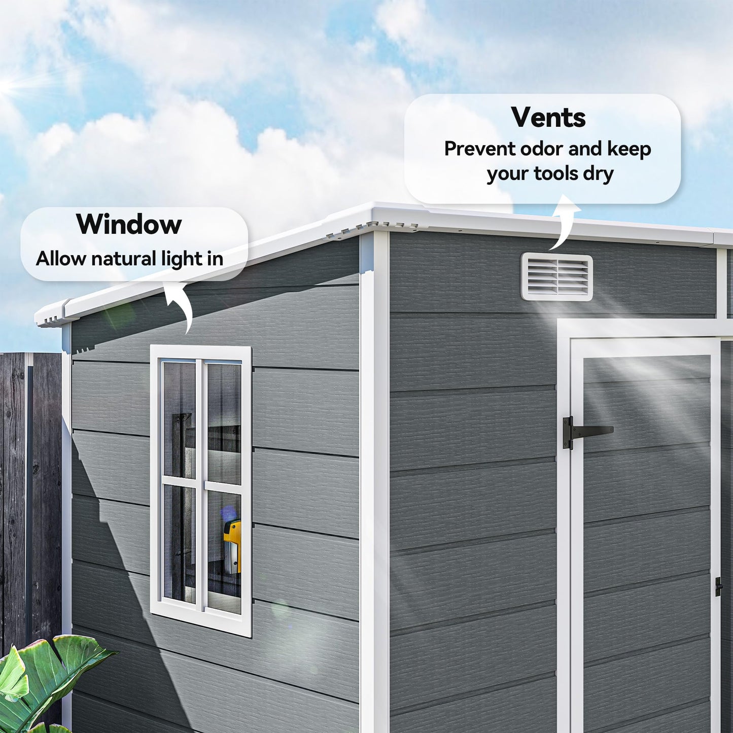 Outsunny 8' x 4' Outdoor Storage Shed, Waterproof Resin Plastic Shed with Floor, Window, Lockable Doors and Vents, All-Weather Garden Tool Shed for Backyard, Patio, Lawn, Gray