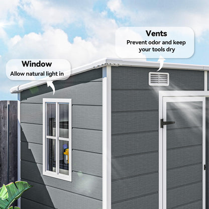 Outsunny 8' x 4' Outdoor Storage Shed, Waterproof Resin Plastic Shed with Floor, Window, Lockable Doors and Vents, All-Weather Garden Tool Shed for Backyard, Patio, Lawn, Gray