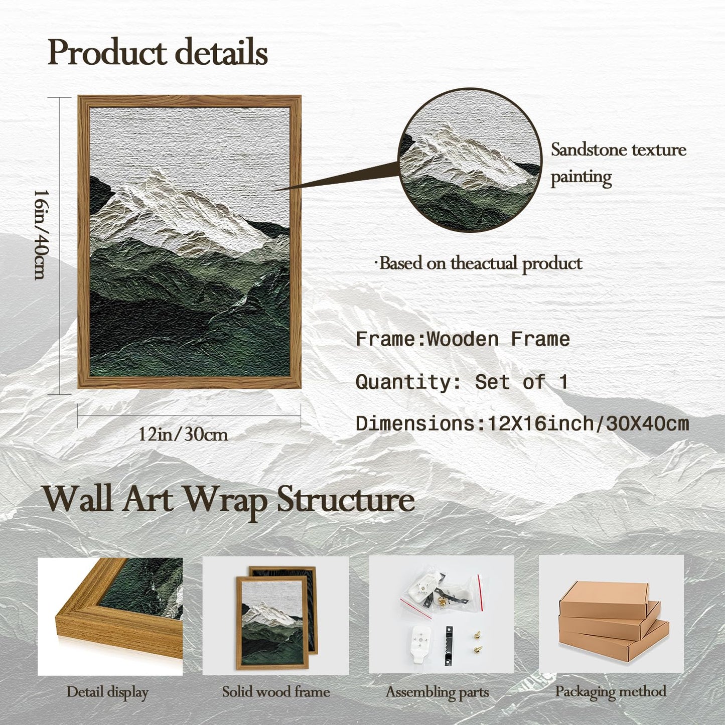 Framed 3D Textured Mountain Wall Art, Abstract Green Snow Mountain Landscape Wall Decor Paintings, Hand Drawn Sandstone Modern Aesthetic Home Decor Pictures for Living Room Bedroom Office 12x16 inch