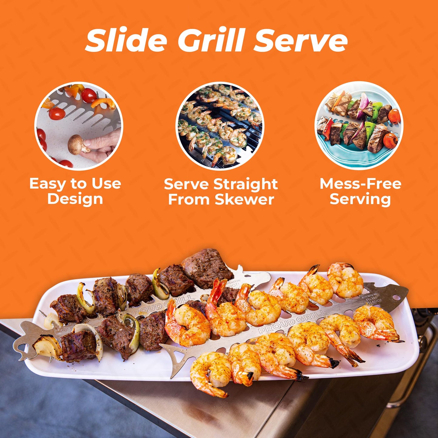 Proud Grill Slide & Serve BBQ Skewers - Mothers Day Gifts for Mom, Reusable Stainless Steel Barbecue Skewers for Grilling Shish Kabobs, Beef, Pork, Chicken, Shrimp & Vegetables - 12 Inch, Set of 4