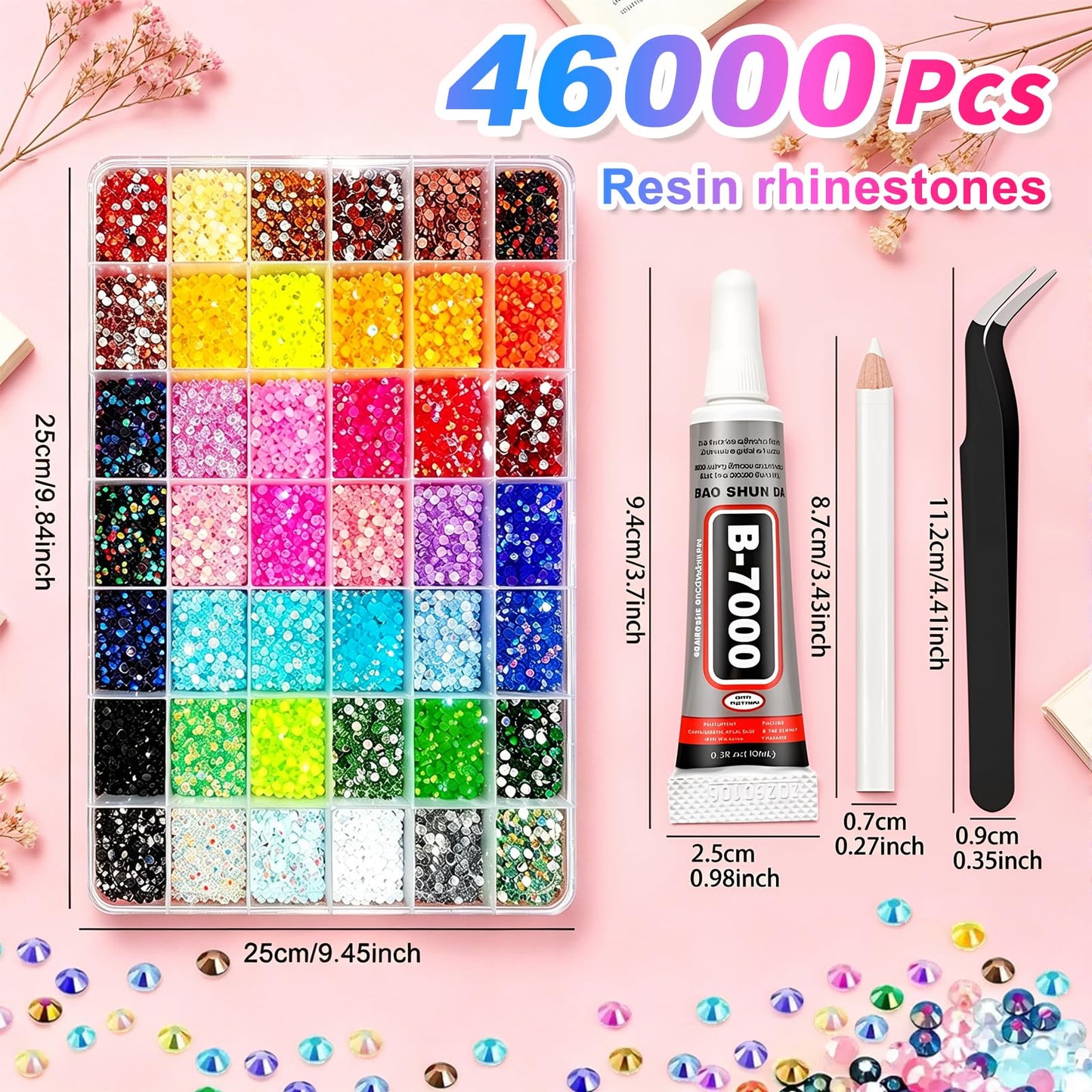 Bedazzler Kit with Rhinestones - 46000Pcs Resin Jelly Rhinestones 3mm Flatback Gems with 3Pcs B7000 Jewelry Glue, Tweezers & Pickup Pen for Nail Art, Diamond Art, DIY Crafts, Clothes, Shoes & Makeup