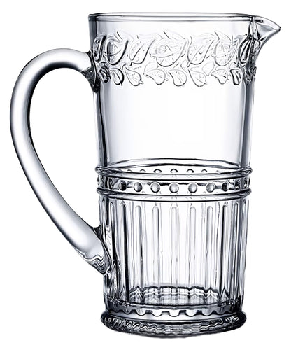 Vintage Style Glass Pitcher, 34 oz, Embossed Deco Pattern, Clear