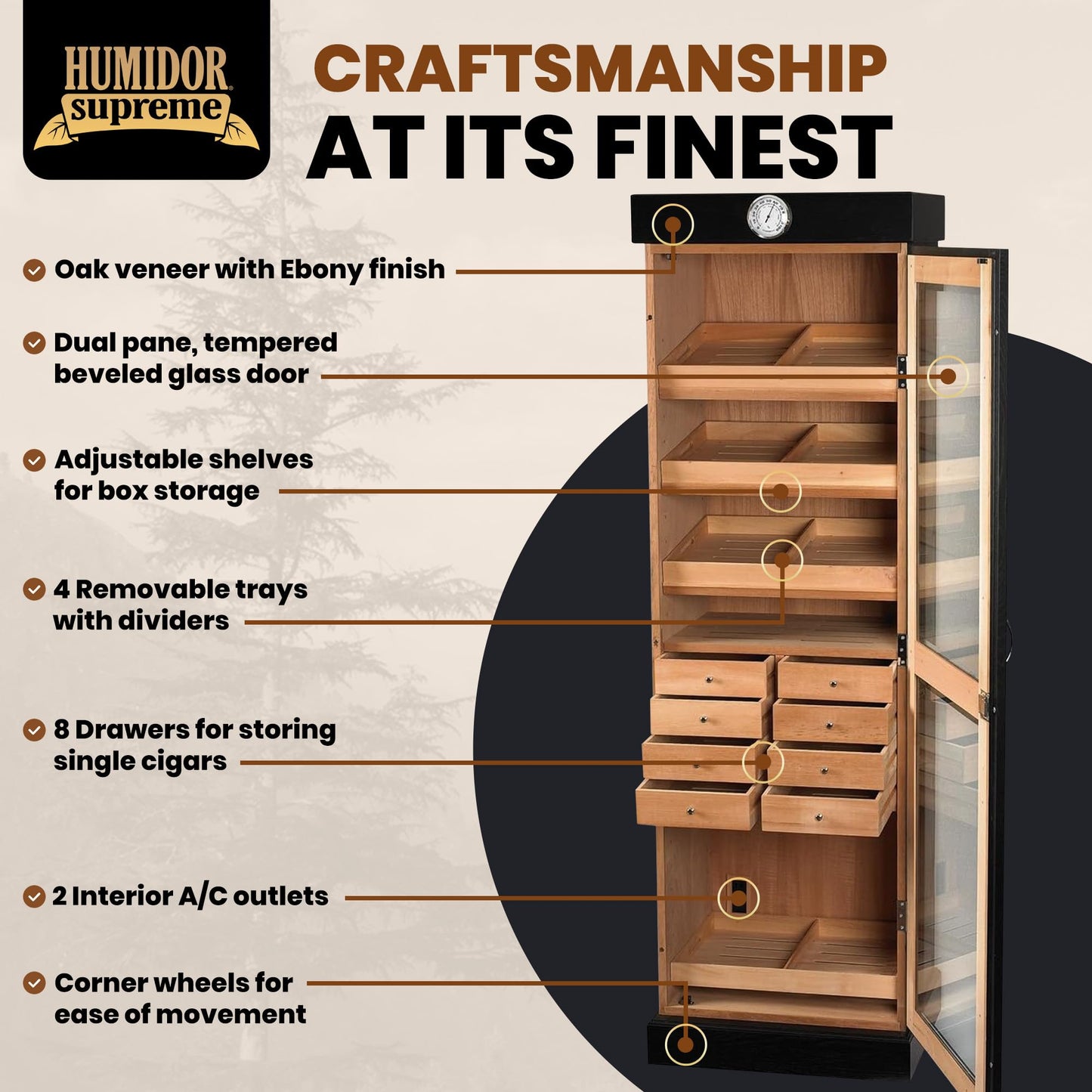 Humidor Supreme Black Tower Humidor with Adjustable Shelves and Drawers | Large Capacity Cigar Cabinet with Tempered Beveled Glass Door, Hygrometer, and Dried Spanish Cedar Lining - Holds 3000 Cigars
