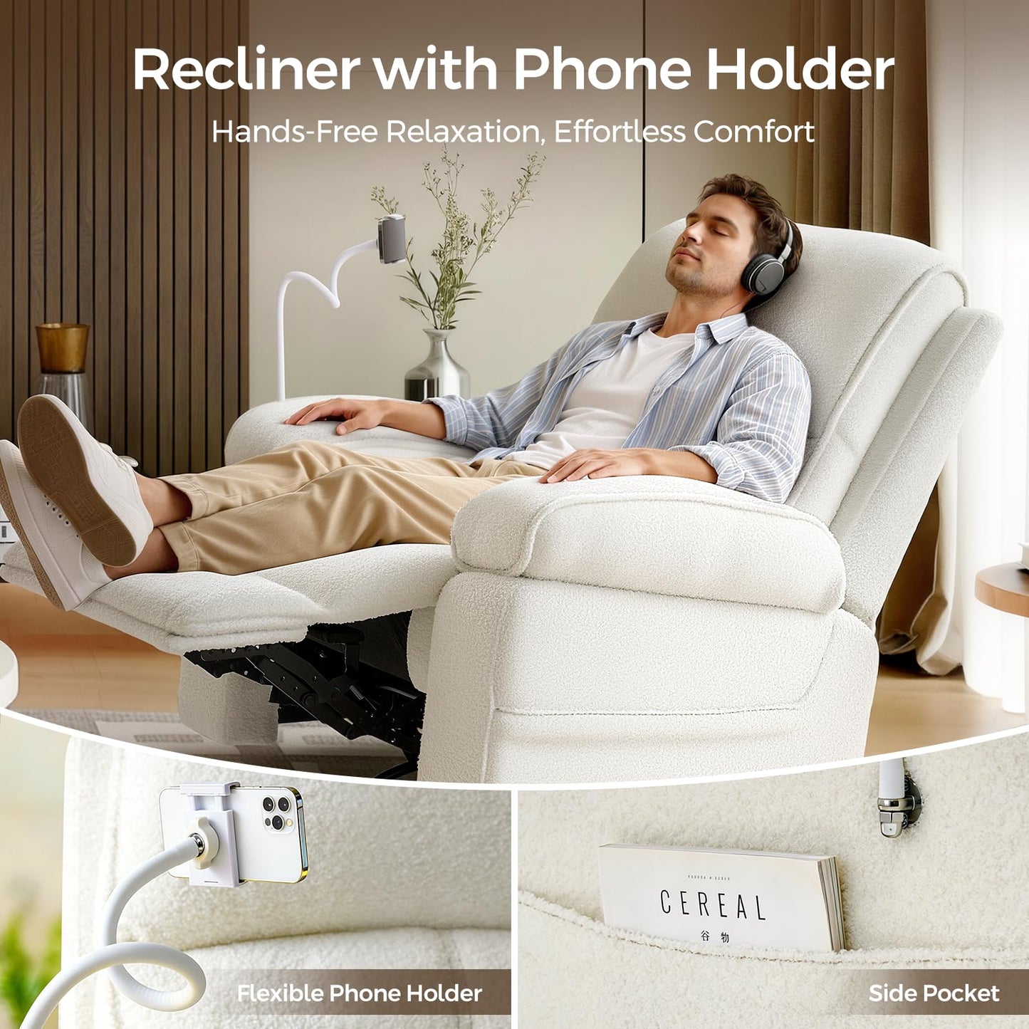 YuuYee Teddy Fleece 360° Swivel Rocker Recliner Nursery Rocking Chairs with Phone Holder Manual Gilder Recliner Chair with Wide Foot Rest for Living Room and Baby Room