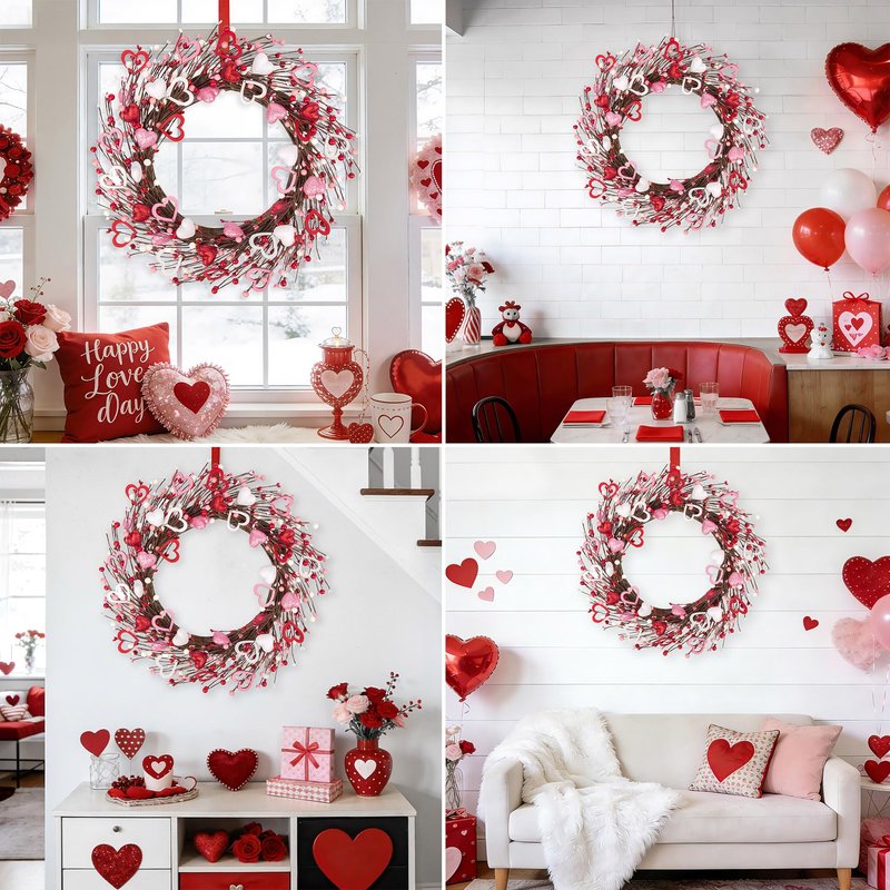 Ouddy Decor 20'' Valentine's Wreath for Front Door with Artificial Red Pink White Wooden Heart Shaped Berries for Valentines Gifts Romantic Night Event Anniversary Wedding Engagement Home Decorations