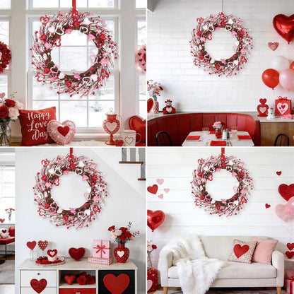 Ouddy Decor 20'' Valentine's Wreath for Front Door with Artificial Red Pink White Wooden Heart Shaped Berries for Valentines Gifts Romantic Night Event Anniversary Wedding Engagement Home Decorations
