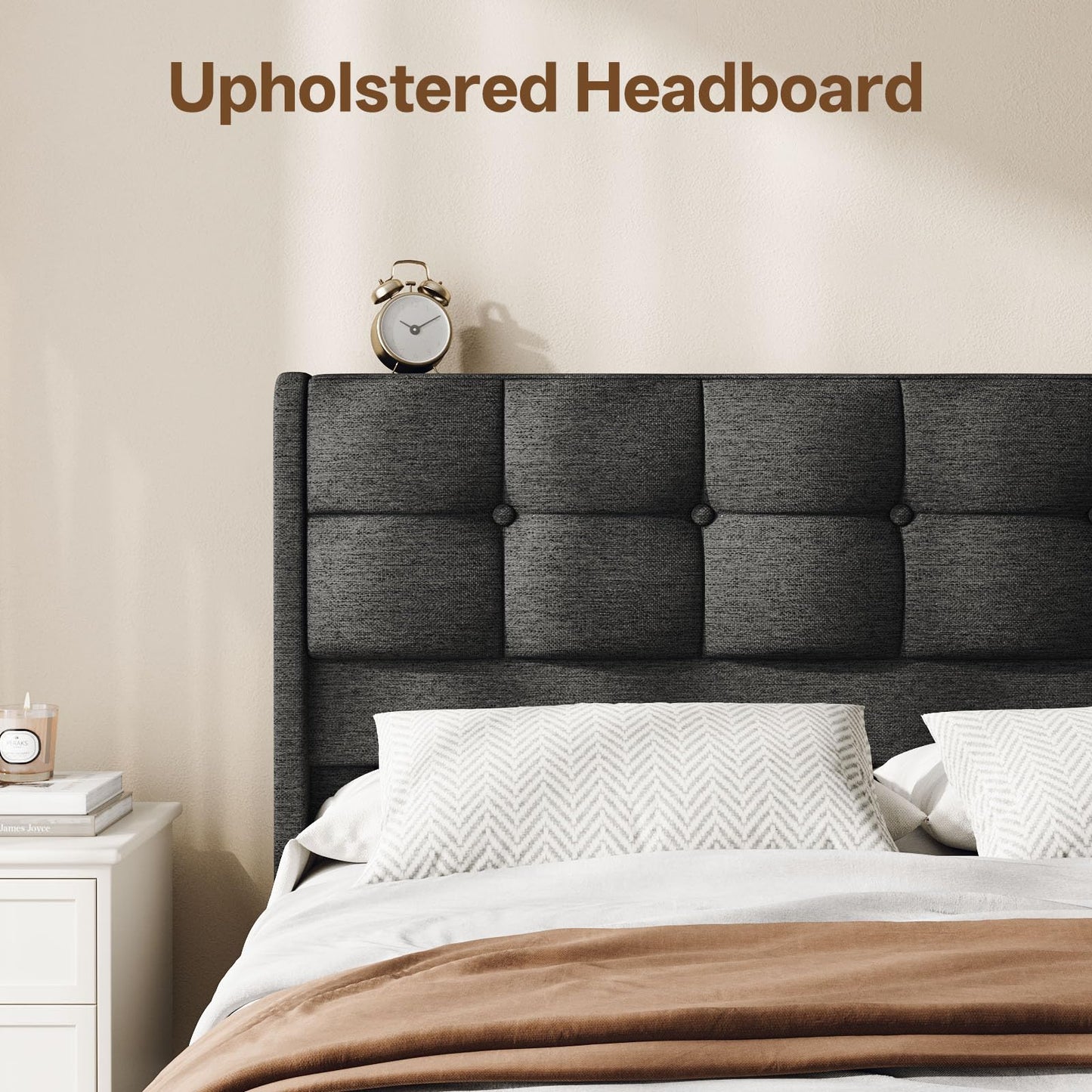 Vinabilia Lift Up King Size Bed Frame with Storage, Upholstered King Bed Frame with Wingback Headboard, No Box Spring Needed, Easy Assembly - Dark Grey