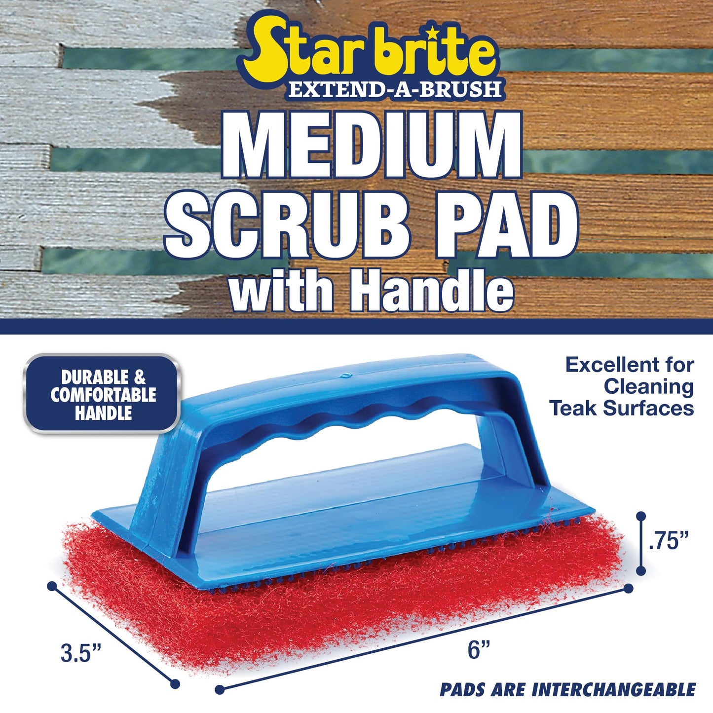 STAR BRITE Medium Red Scrub Pad with Interchangeable Handle - Versatile Cleaning for Most Tasks Including Aluminum Restoration, Teak & Fine Wood Cleaning (Red) Medium (040130)