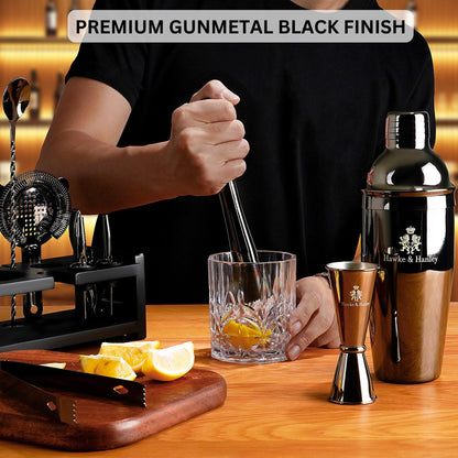 Hawke & Hanley Mixology Bartender Kit: Cocktail Shaker Bar Set with a Martini Shaker, Bar Tools and Black Bamboo Stand | Bartending Kit with Recipe Book | Unique Housewarming Gift (Black)