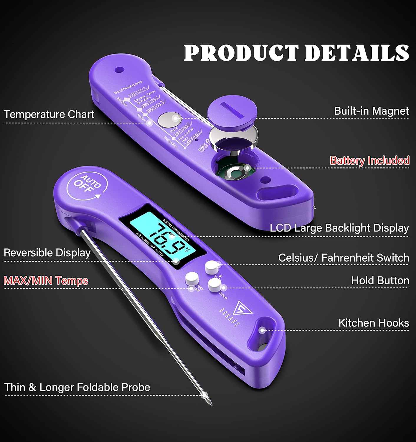 DOQAUS Digital Meat Thermometer, Instant Read Kitchen Probe with Backlit Display for Cooking, BBQ, Baking
