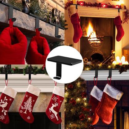 BlissfulTie Christmas Stocking Holders for Mantle Set of 6, Stocking Hangers for Mantel Weighted, Heavy Duty, Flat, for Garland, Fireplace, Wall (Black)