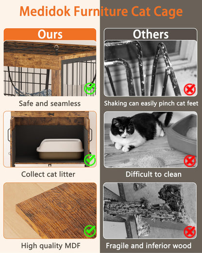 Megidok Furniture Cat Cages Indoor with Wooden Hidden Litter Box Enclosure Built-in Urine Cover Cat Kennel Cat Crates Cat Playpen - Rustic Brown