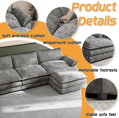 Shahoo Sectional Modular Sofa U Shaped Chenille Fabric Couch with High Supportive & Soft Sponges and Removable Ottoman, Sleeper Comfy Upholstered Furniture for Living Room, Dark Grey