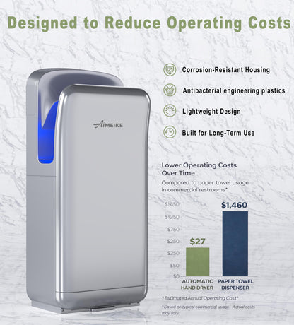 AIMEIKE Commercial Hand Dryer, Vertical High-Speed Electric Hand Dryer for Bathrooms, Automatic Touchless Hands-in Hand Dryer for Large Public Restrooms, Offices, Hotels, Schools, Silver