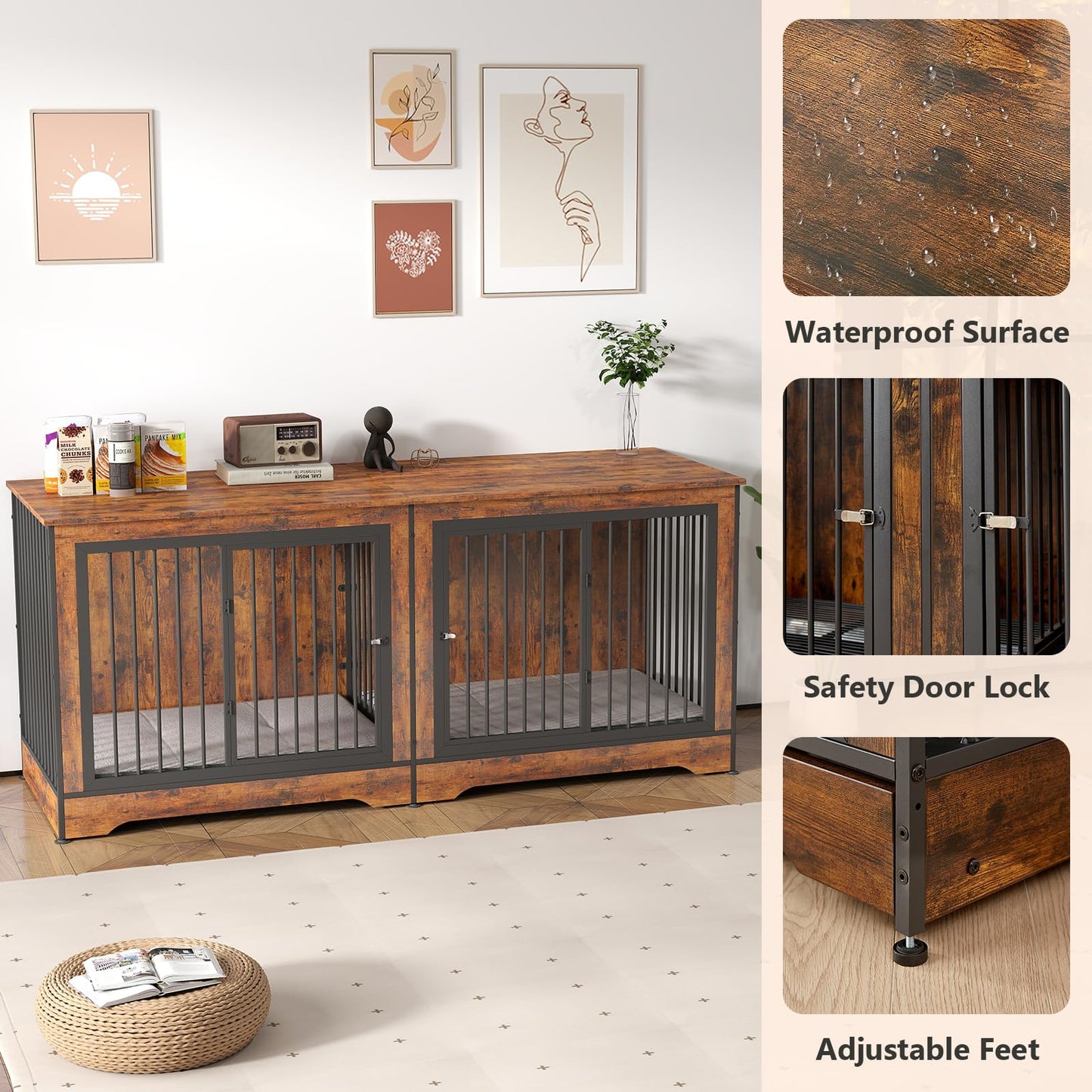 Rovibek 75" Dog Crate Furniture for 2 Dogs, Wooden Extra Large Double Dog Cage Furniture, Decorative Dog Kennels with Double Doors, Indoor Dog Crate TV Stand for Large Dogs, Brown