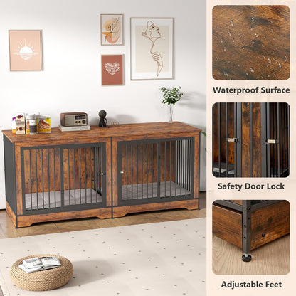 Rovibek 75" Dog Crate Furniture for 2 Dogs, Wooden Extra Large Double Dog Cage Furniture, Decorative Dog Kennels with Double Doors, Indoor Dog Crate TV Stand for Large Dogs, Brown