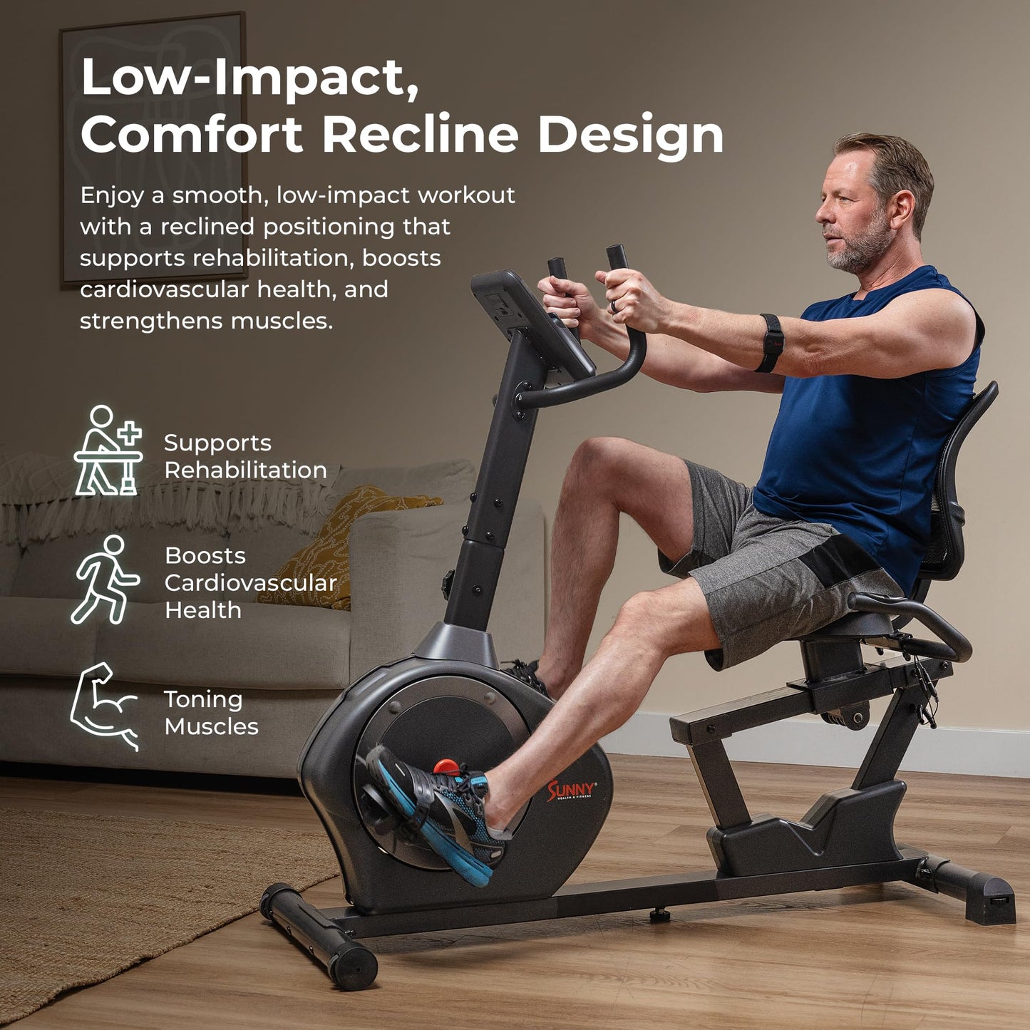 Sunny Health & Fitness Smart Recumbent Bike Exercise Machine, 350LB Weight Capacity, Non-Crank Design, Adjustable Cushion Seat for Adult/Seniors Workout at Home, Exclusive SunnyFit App Bluetooth Link
