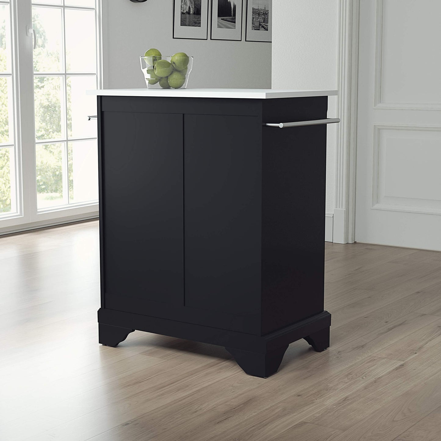 Crosley Furniture Lafayette Stone Top Small Portable Rolling Kitchen Island Storage Cart, Microwave Stand, Black