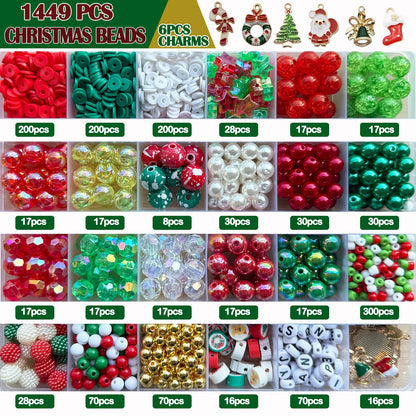 LLchunyun 1449PCS Christmas Beads for Bracelets Making Kit, Christmas Charms Red Green Beads for Jewelry Making Assorted Acrylic Crystal Round Pearl Star Spacer Clay Bead for Necklace Keychain Making