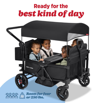Radio Flyer Voya 2.0 4-Seat Stroller Wagon, for Kids 6+ Months, Lightweight, Compact, Foldable, UV Canopy, Included Storage, Never Fall Pull Handle, Seats Convert to Flatbed, Stroller Wagon for Kids