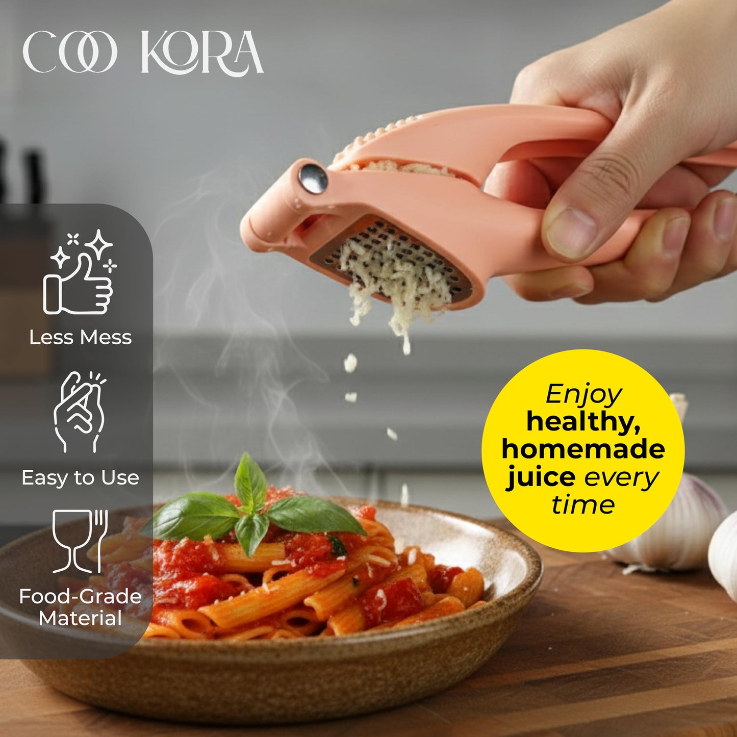 COO KORA Garlic Presses, Garlic Press, Durable Ergonomic Handheld Garlic Chopper/Crusher for Chefs and Kitchens, No Peeling Required, Dishwasher Safe