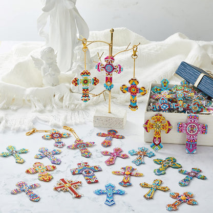 Sureio 36 Pcs Cross Diamond Painting Keychains 5d Double Sided Cross Shaped Diamond Art Keychains for DIY Adults Crafts Home Decor Gift Party Favors