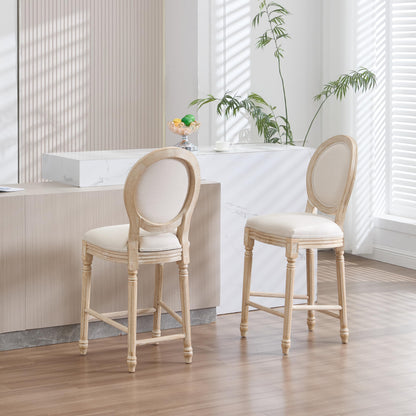 26" French Country Counter Height Chairs Set of 2,Upholstered Round-Back Bar Stools with Solid Wood Frame,Brushed Wire-Drawing Finish, Disassemblable Design for Kitchen,Living Room,Restaurant, Beige