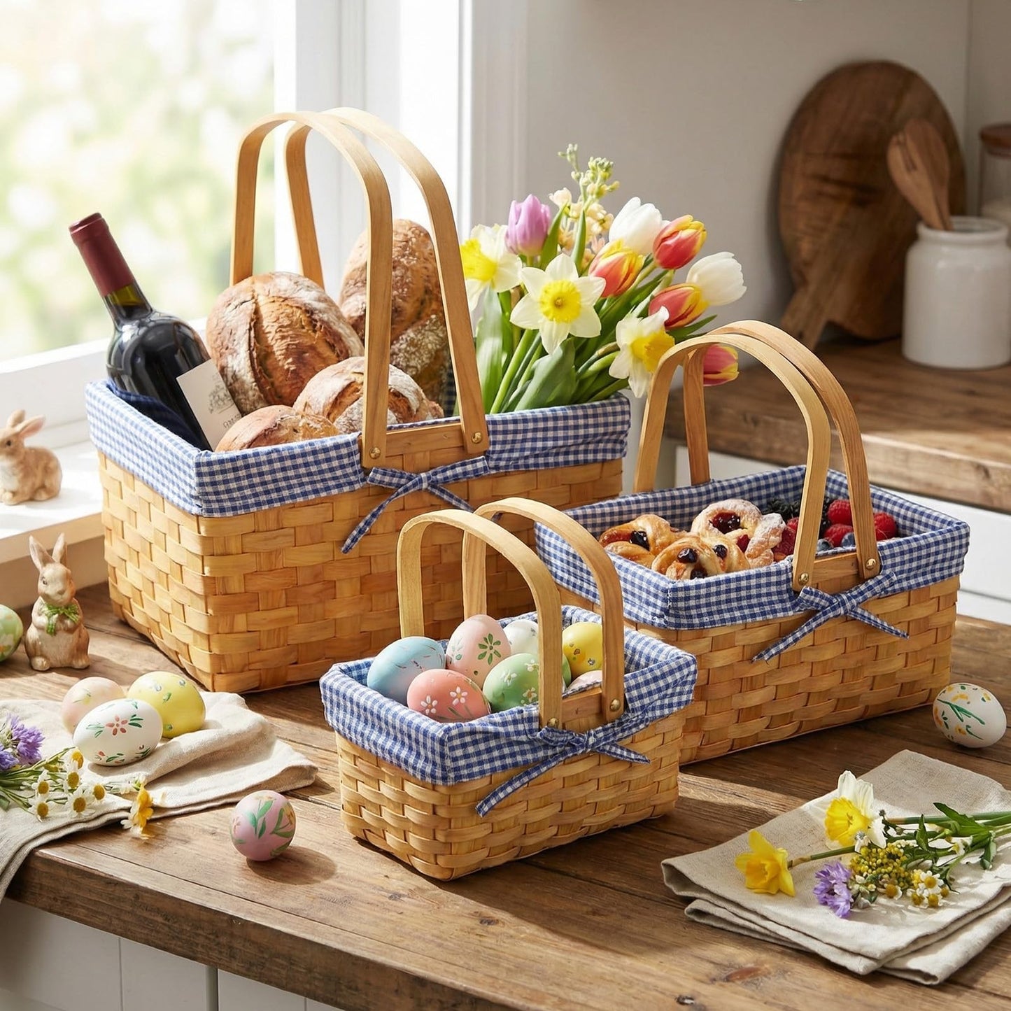 LOYIM 3 Pcs Different Sizes Picnic Basket with Handles Spring Plaid Gingham Checkered Liner Basket Rustic Woven Hamper for Picnic Camping Outdoor Egg Gathering Candy Gift(Blue)