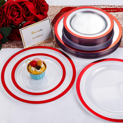 U-QE 120PCS Red Plastic Plates for Party - Red Plates Disposable Heavy Duty - Fancy Disposable Plates Include 60 10" Dinner and 60 7" Dessert Platos for Party, Mother's Day & Special Moments