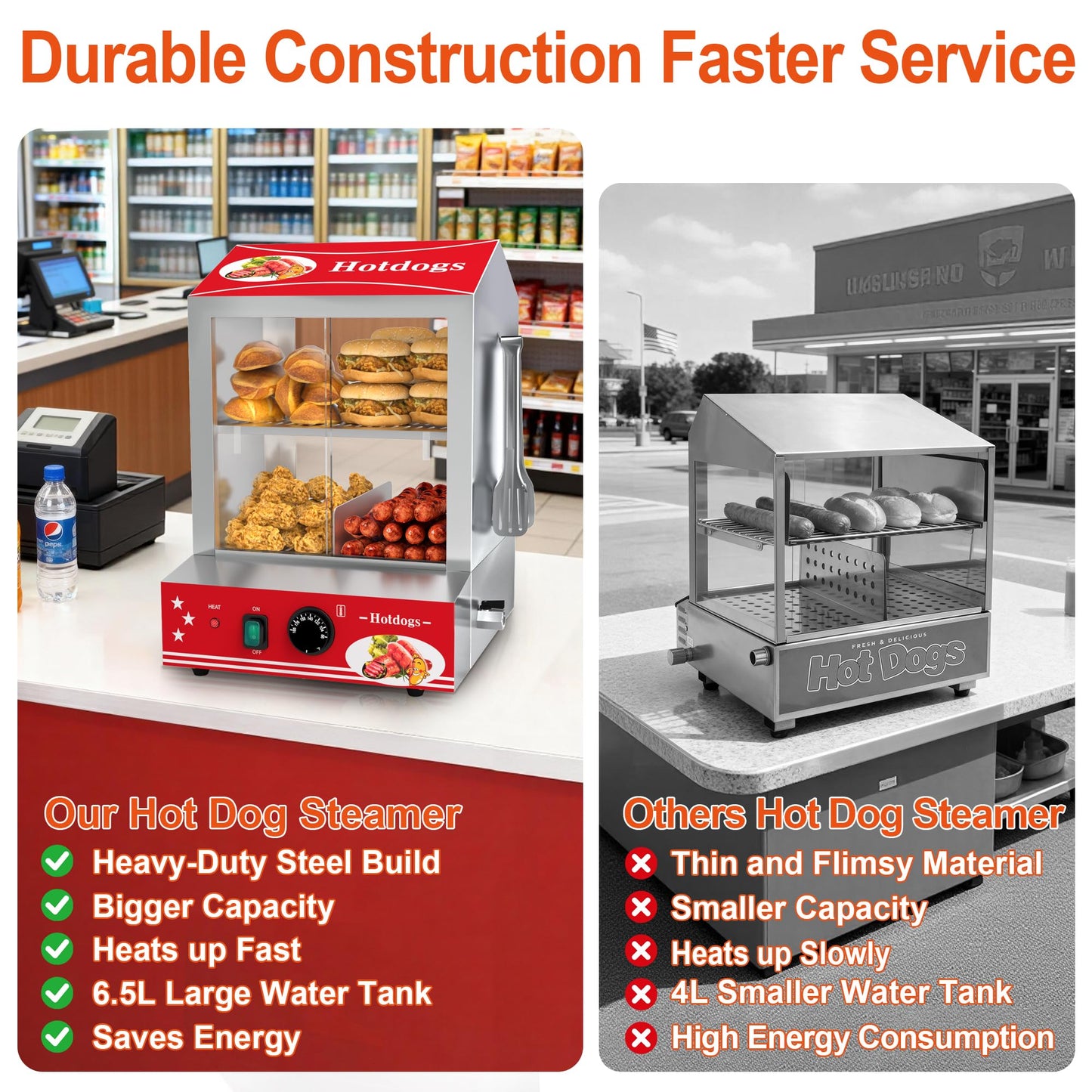 ZMRTDWO Hot Dog Steamer, 28.5QT 2-Tier Commercial Hot Dog Machine with Bun Warmer, 86°F~185°F Adjustable, 175 Hot Dogs & 40 Buns, Stainless Steel Hot Dog Bun Warmer with Tempered Glass Slide Doors
