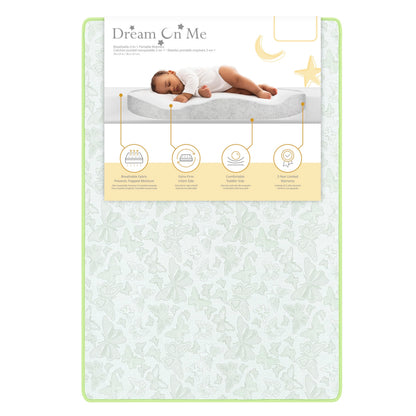Dream On Me 2-in-1 Breathable Two-Sided 3" Portable Crib Mattress | Waterproof Cover | Dual Sided | Fits Portable/Mini Cribs | Fiber Core | Promotes Airflow, 1 Count (Pack of 1)