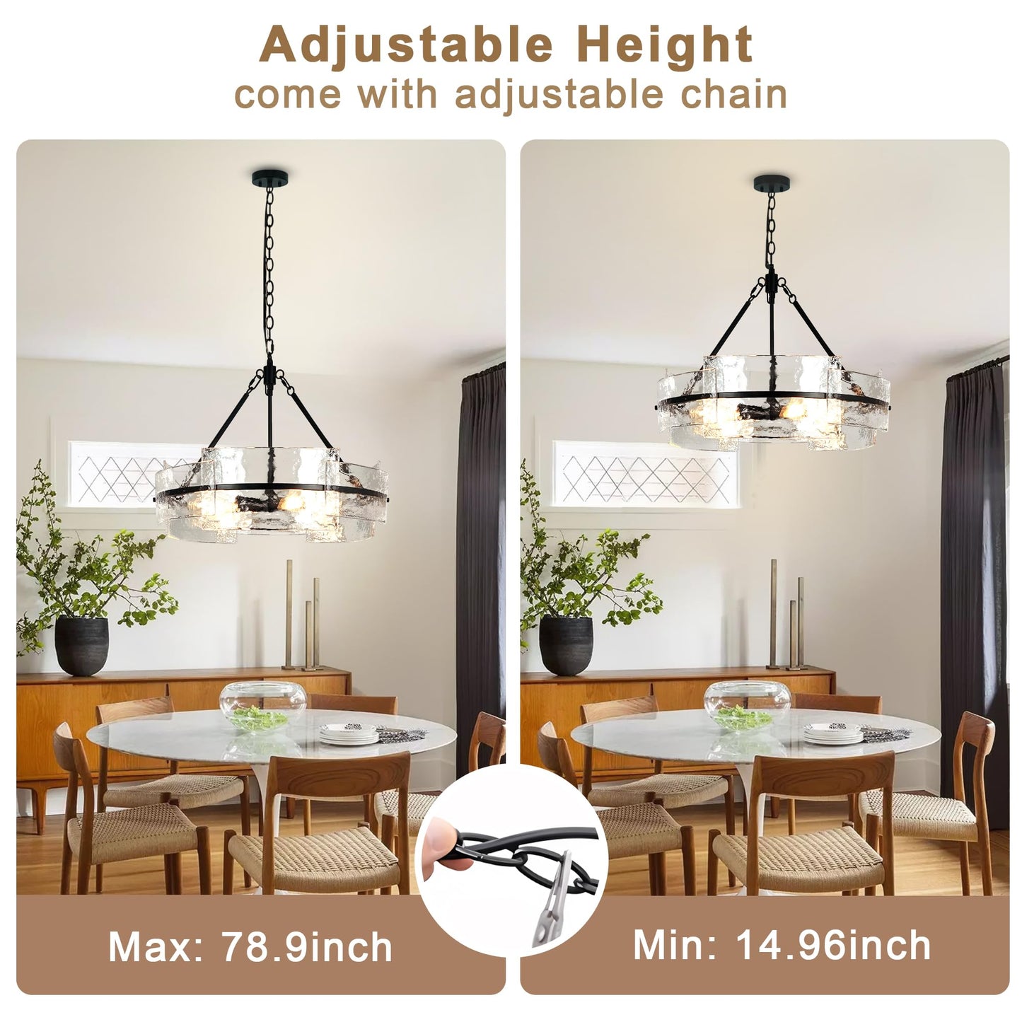 Water Textured Black Glass Drum Chandelier,Glass Chandeliers for Dining Room 20.8" Round Chandelier Dining Room Light Fixtures Over Table Modern Farmhouse Glass Pendant Light for Living Room Foyer