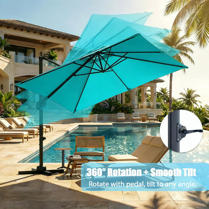 GarveeLife Large Cantilever Patio Umbrella, 10 ft X 10 ft Heavy Duty Aluminum Cantilever Offset Outdoor Umbrella with 360-Degree Rotation for Backyard, Deck, Pool (Turquoise Blue)