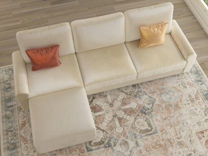 EASE MOOSE Large Seat Velvet L-Shaped Sofa, Soft 4 Seat Couch with Reversible Chaise, Comfy Sectional Modular Sofa with Removable Washable Covers for Living Room and Small Space, Beige