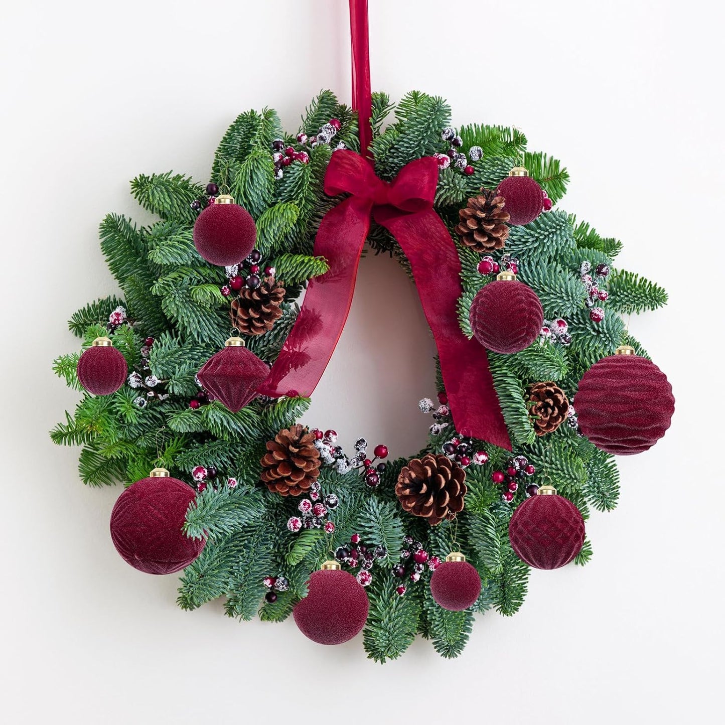 Super Holiday Velvet Christmas Ornaments Set - 35PCS Flocked Shatterproof Hanging Decorations | Burgundy